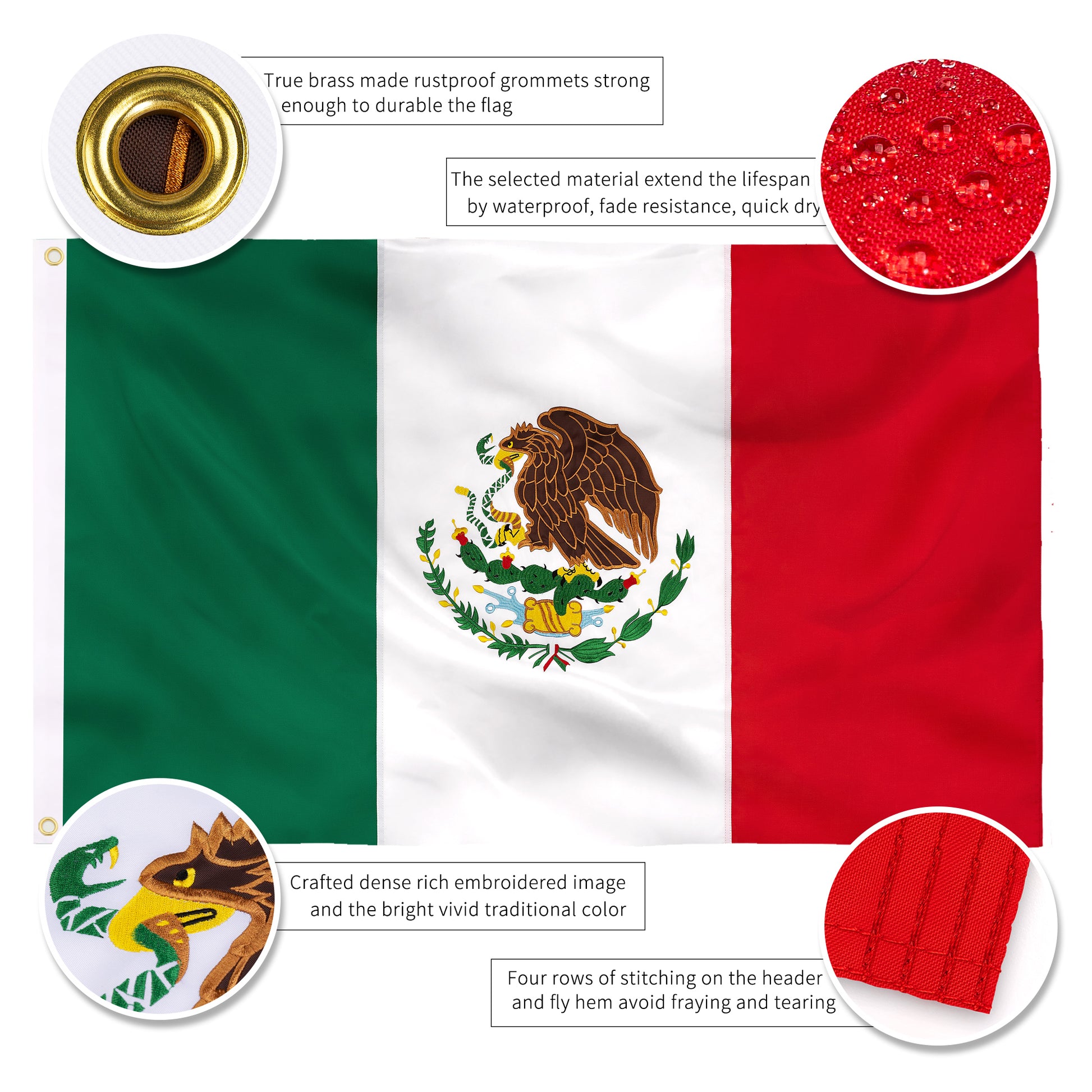 210D Nylon Embroidered Mexico Flag 3x5 FT